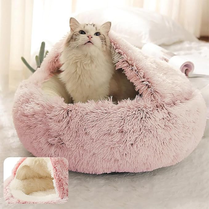 ShinHye Cat Bed Round Plush Fluffy Hooded Cat Bed Cave, Cozy for Indoor Cats or Small Dog beds, Soothing Pet Beds Doughnut Calm Anti-nxiety Dog Bed - Waterproof Bottom Washable, (23×23inch, Pink)