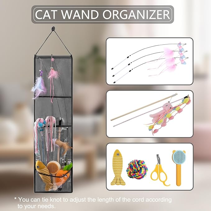 Hanging Cat Wand Holder Kitten Stick Toy Storage Bag Cat Accessories Organizer for Indoor Cats (Clear Pockets)