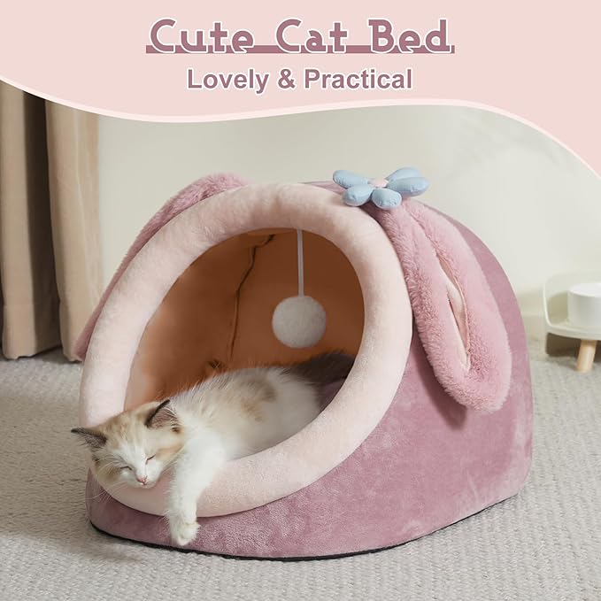 Jiupety Cat Bed Cave, Pink Cat Bed for Indoor Cats, Soft Cozy Cat Bed Cave Fit for Cat Up to 16 Lbs and Puppy, Pink Rabbit, M.