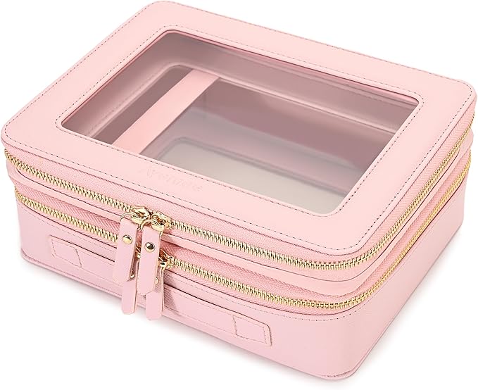 Aveniee Clear Makeup Bags, Double Layer Cosmetic Bags with a Separate Brush Compartment, Travel Toiletry Bag Train Case for Women, Travel Accessories Organizer for Purse(2 Layers Large,Pink)