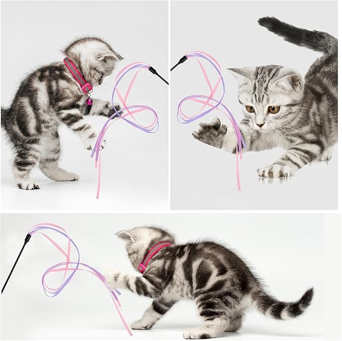 Amaxiu Cat Ribbon Wand Toys, 3pcs Interactive Cat Rainbow Wand String Toys for Indoor Cats Colorful Ribbon Charmer for Kittens Teaser Training Exerciser Playing Catcher Accessories