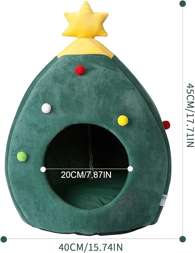 ShellKingdom Christmas Cat House, Cat Bed with Tree Shape for Christmas, Doggy House with Bed Cushion - Pet Indoor Pet Cat and Puppy Bed 17.71 x 15.74 inches (Green)