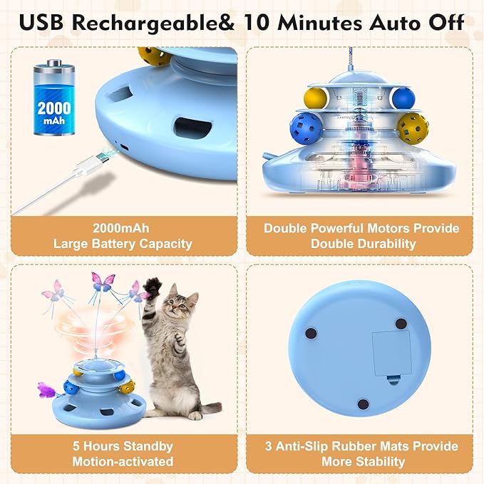 Interactive Cat Toys for Indoor Cats Automatic Cat Toy 4in1 Kitten Toys,Fluttering Butterfly,Random Ambush Feather,Track Balls,Cat Ball Toy for Cat Enrichment USB Charging