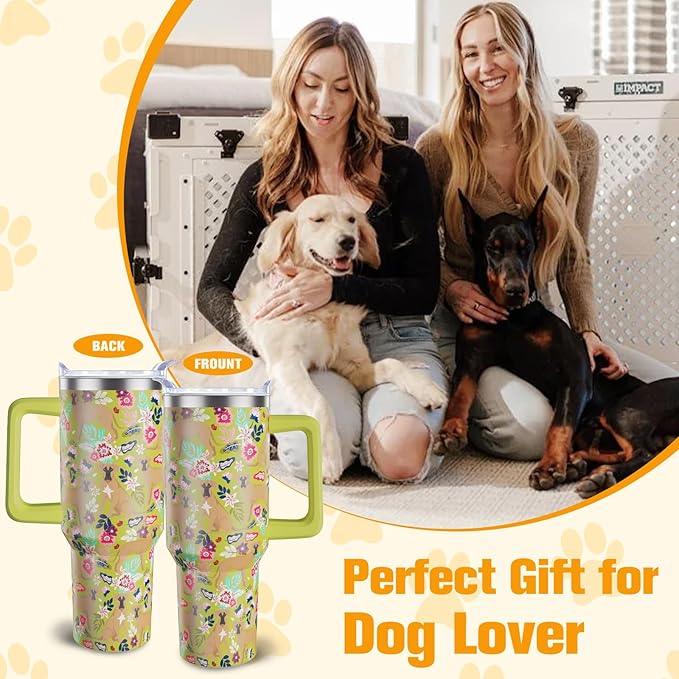 Boxer Dog Gifts for Women Dog Lovers 40 oz Floral Boxer Lover Tumblers with Handle and Straw, Stainless Steel Vacuum Insulated Travel Coffee Mug Cup Water Bottle