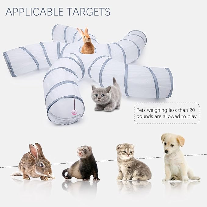 EGETOTA Cat Tunnel for Indoor Cats Large, with Play Ball S-Shape 5 Way Collapsible Interactive Peek Hole Pet Tube Toys, Puppy, Kitty, Kitten, Rabbit (White & Grey)