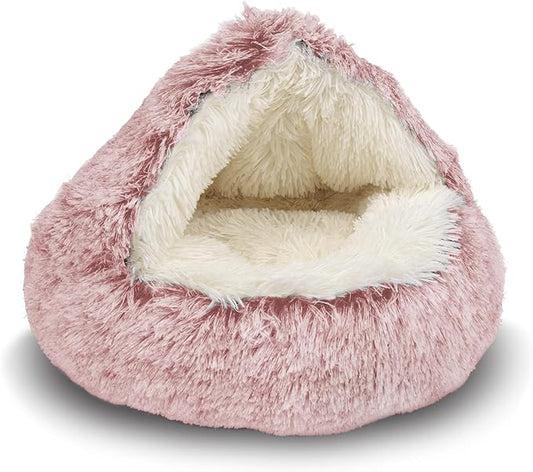 ShinHye Cat Bed Round Plush Fluffy Hooded Cat Bed Cave, Cozy for Indoor Cats or Small Dog beds, Soothing Pet Beds Doughnut Calm Anti-nxiety Dog Bed - Waterproof Bottom Washable, (23×23inch, Pink)