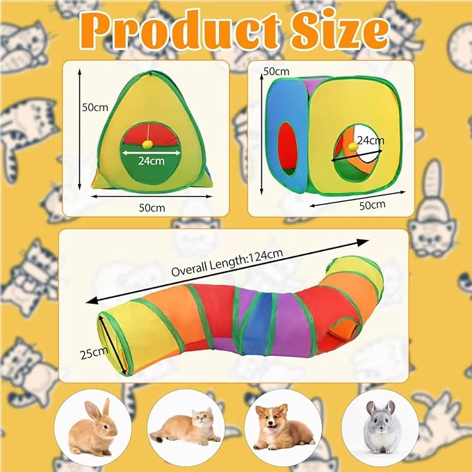 Cat Tunnel and cat Ball Pit, cat Toys for Indoor Cats, Pop Up Collapsible Crinkle Interactive Peek Hole, Cat Tube with Play Ball and Bell for Kitten, Puppy, Kitty, Rabbit - Set of 3