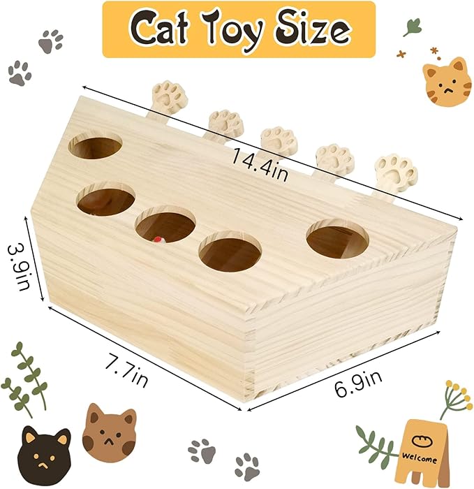 kathson Cat Enrichment Toys for Indoor Cats, Solid Wood Kitten Whack A Mole Interactive Box Catch Mice Game Cat Puzzle Toy for All Ages Cats Kittens Exercise Puzzle Relieve Boredom