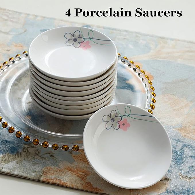 4 Pack Saucer Dishes with Pink Flower Pattern, Ceramic Dipping Bowls, 4 Inch Side Dishes Sauce Dishes for Sushi Snack, Porcelain Seasoning Dishes Appetizer Plates, Snack Serving Dishes