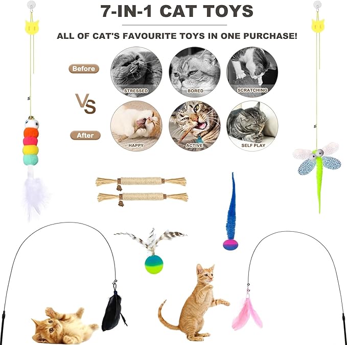 Interactive Cat Toys for Indoor Cats,4PCS Retractable Cat Feather Toy, 2PCS Silvervine Sticks Catnip Toys for Teeth Cleaning,2PCS Bouncy Ball Cat Toy w/Tail,Kitten Toys for Chasing Exercise