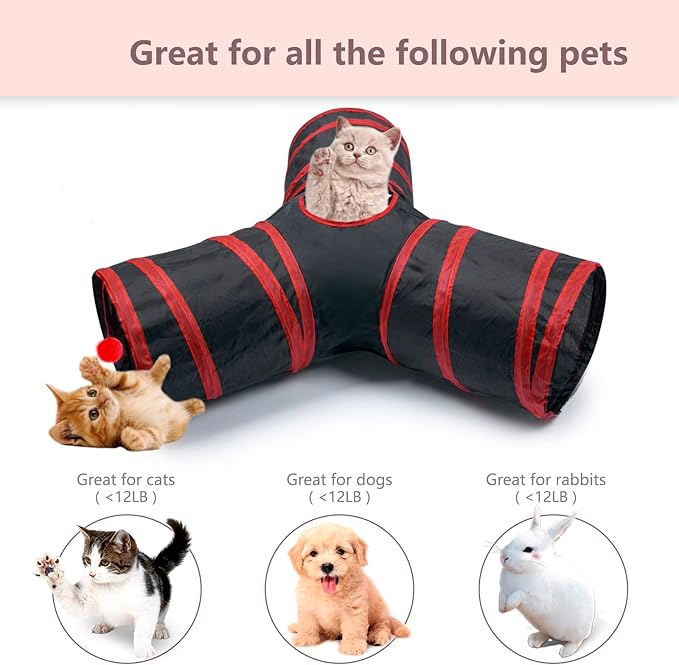 Cat Tunnel, Collapsible Tube with 1 Play Ball Kitty Toys, 3 Ways Cat Tunnels for Indoor Cats, Puppy, Kitty, Kitten, Rabbit (Black and Red)…