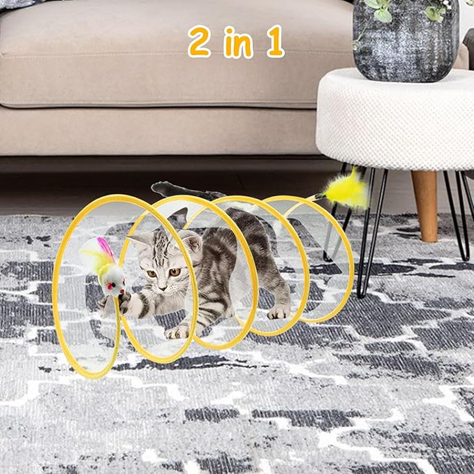 Folded Cats Tunnel Toy for Cats, Collapsible Cats Spring Tunnels Toy with Feather Mouse Toys, Played Tunnels Cats Tunnel Bed Tube Inside Cats, Interactive Cats Toy for Puppy Kitten