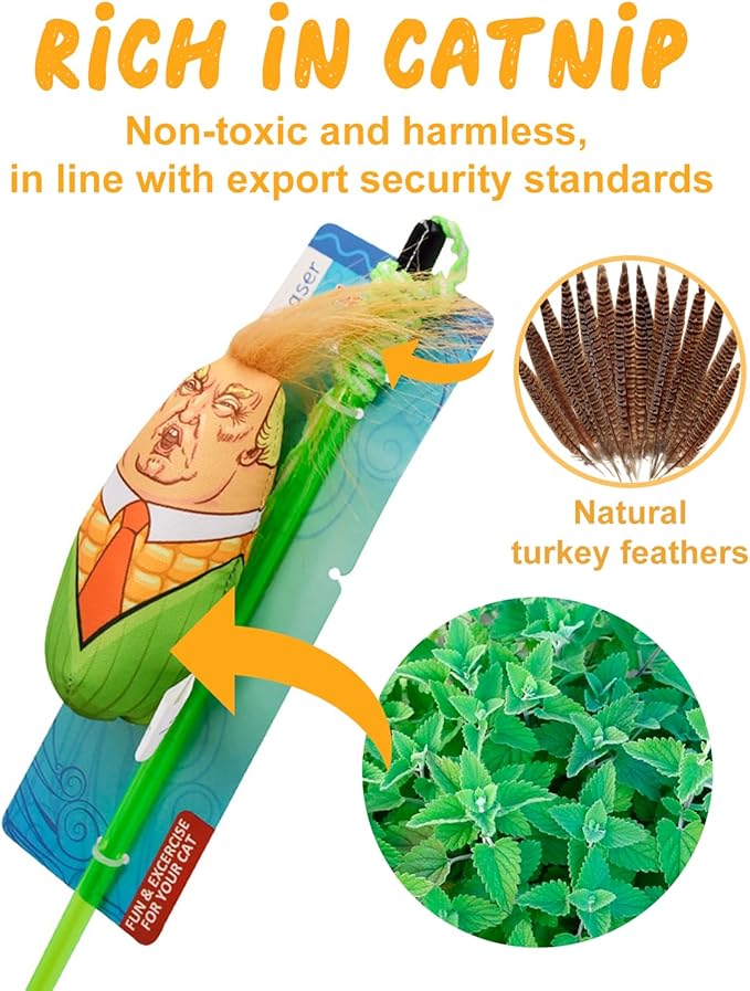 Interactive Cat Toys Donald Trump Cat Toy, Trump Doll Feather Cat Wand Toy, Catnip Toys, Cat Teaser Wand String, Cat Fishing Pole Toy,Kitten Play Exercise Toys,Halloween