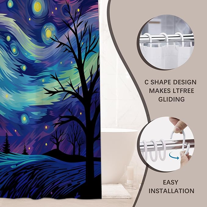 Black Cat Starry Night Shower Curtain,Inspired Bathroom Decor with Whimsical Galaxy Sky,Gothic Witchcore Aesthetic for Cat Lovers,Waterproof Curtain with Hooks, 72x72 Inches