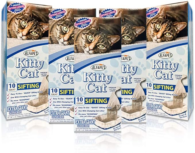 Alfapet Kitty Cat Pan Disposable, Sifting Liners- 10-Pack + 1 Transfer Liner-For Large, X-Large, Giant, Extra-Giant Size Litter Boxes-Included Rubber Band for Firm, Easy Fit - Pack of 5