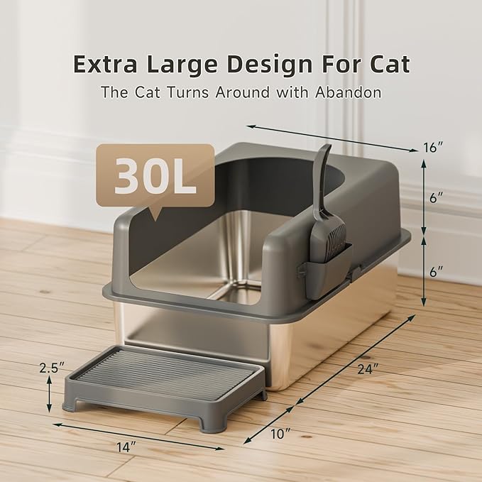 High-Sided Stainless Steel Cat Litter Box,Stainless Steel Litter Box with Lid,Extra Large Litter Box,Easy-to-Clean Metal Litter Pan for Cats (24''L X 16''W X 12''H with Scoop&mat)