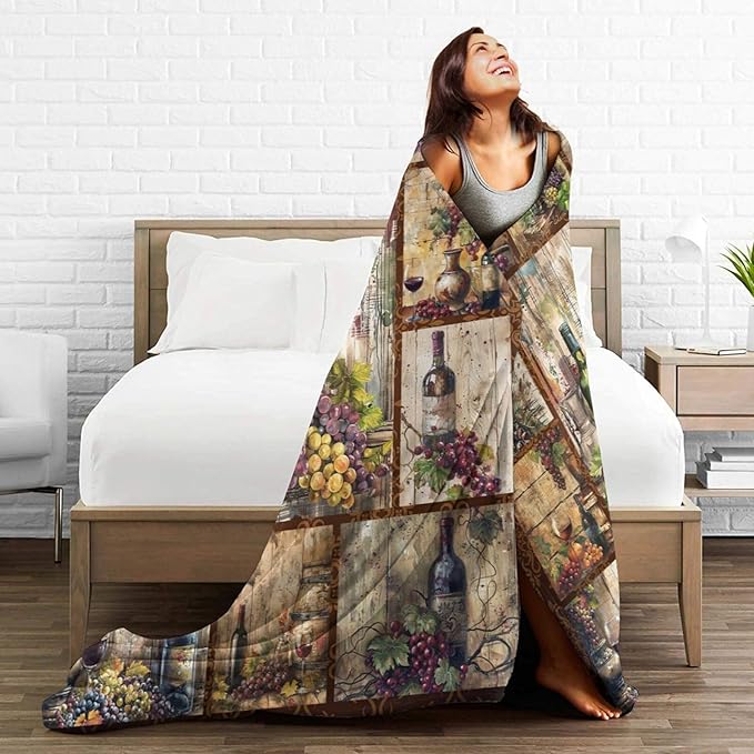 Wine Blanket Retro Wine Throw Blanket Wine Grape Stuff Merch Cozy Print Flannel Fleece Soft Plush Fuzzy Warm Lightweight Bedding Wine Gifts for Dad Women Girls Men 50"X40"
