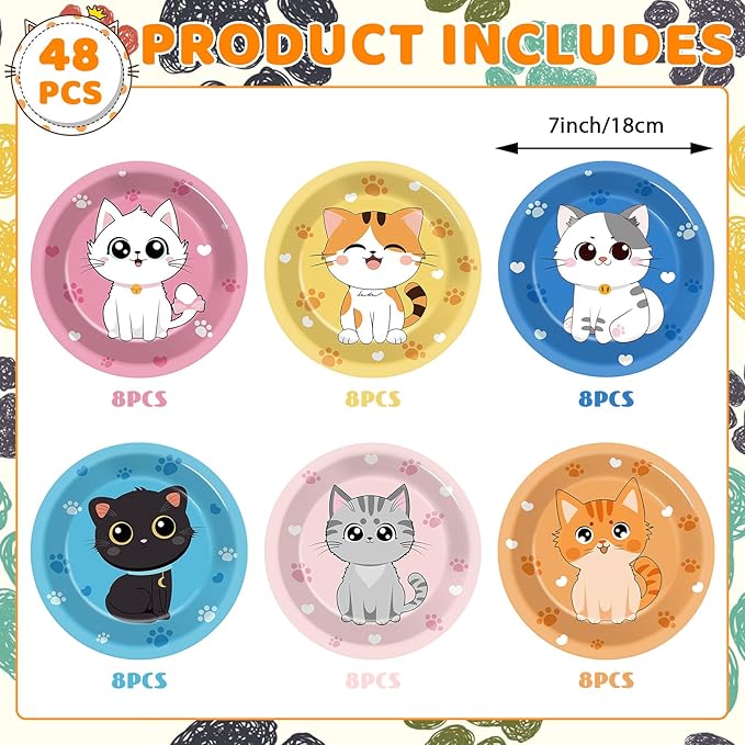48Pcs 7" Cat Theme Party Paper Plates Kitten Dessert Birthday Supplies Kids Girls Birthday Dinner Table Decorations Cat Paw Disposable Dinnerware Plates for Baby Shower Party Favors