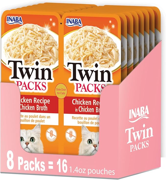 INABA Twin Packs for Cats, Shredded Chicken & Broth Gelée Side Dish/Topper Pouch, 1.4 Ounces per Serving, 16 Servings, Chicken Recipe in Chicken Broth