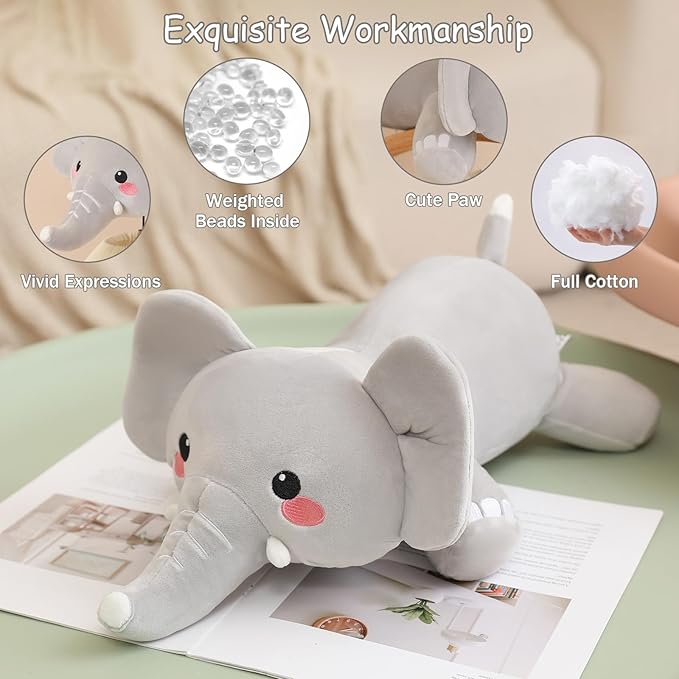SQEQE Weighted Elephant Plush, Weighted Elephant Stuffed Animal, Cute Plushies Soft Pillow Toy Gift for Kids Adults 9.8 Inch, 0.8 Lbs