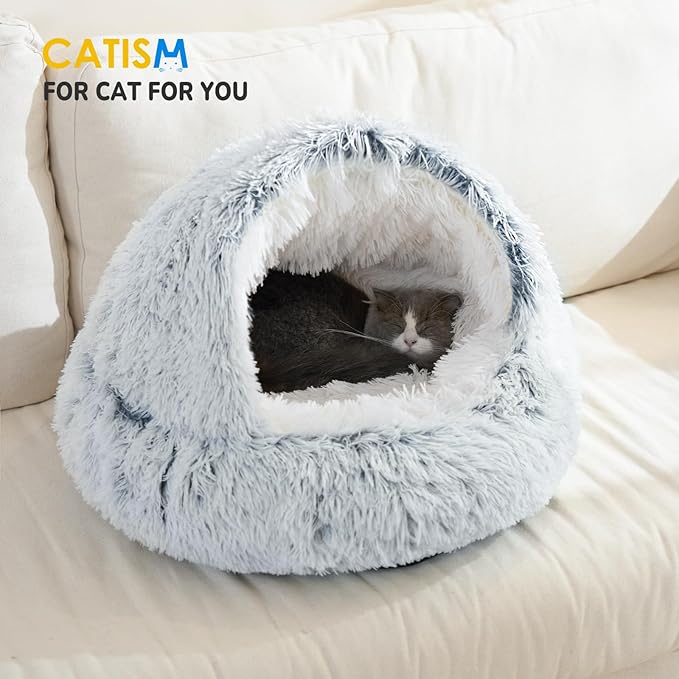 CATISM Cat Bed, Plush Hooded Cat Beds for Indoor Cats, Calming Cat Nest, Self Warming Cat Bed Cave, Cozy Cat Pod for Indoor Cat or Small Dog, Removable Washable Cat Cove with Non-Slip Bottom
