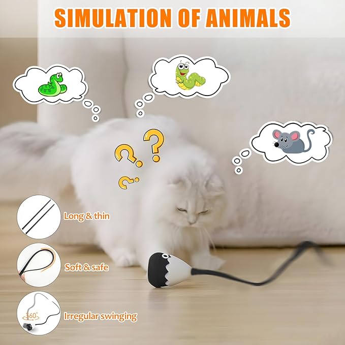 Cat Wand Toy, Automatic Silicone Tail Teaser Toy 2 in 1, Electronic Interactive Cat Toy for Indoor Cats, Rechargeable Exercise Toy for Kitten-Black
