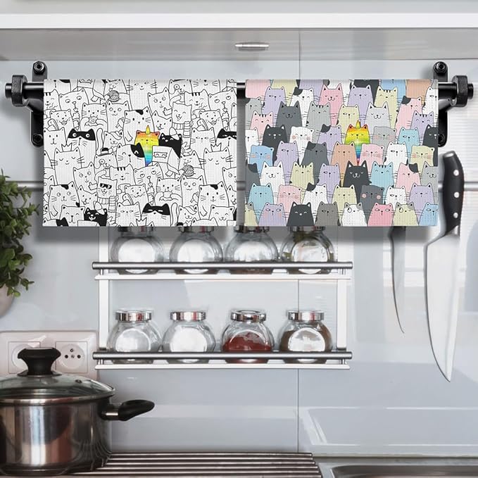 2-Pack Unicorn Rainbow Cat Kitchen Towels Set-Quick-Drying Decorative Dish Towels with Magical Animal Designs,Cute Hand Towels Featuring Special Kitty Symbolizing Unique Personality,Gifts for Cat Mom