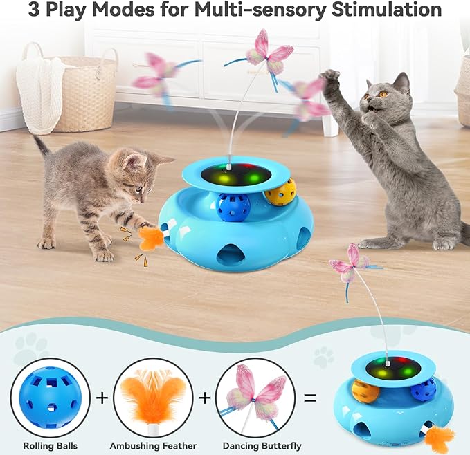Interactive Cat Toys for Indoor Cats Rechargeable 3in1 Ambush Feather, Fluttering Butterfly, Track Balls, Automatic Kitten Toys Touch Activated, 2 Refill Feather