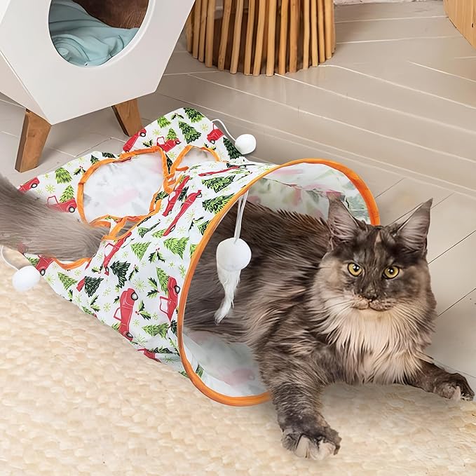 Andiker Cat Tunnel Bags for Indoor Cats, 13x17x12In Foldable Cat Crinkle Bag with 3 White Plush Balls and 1 Mouse 5 Holes for Kitten to Hide and Catch 3 Layers Cat Toy (Forest)