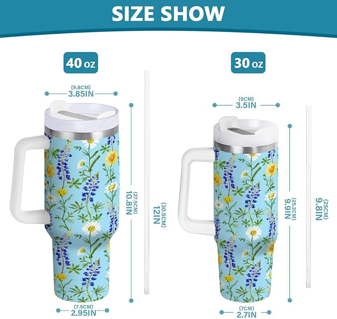 Boccsty Bluebonnet Chamomile Floral Insulated Tumblers Reusable Stainless Steel Tumbler 30 oz Cup Coffee Travel Mug Water Bottle with Handle & Flip Straw for Home Office Car