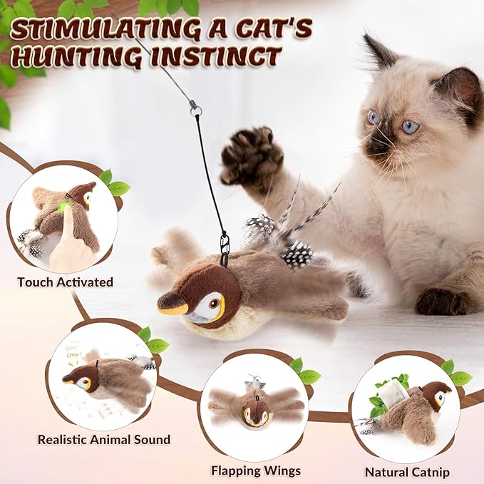 Lukovee Interactive Cat Toys Rechargeable - Touch Activated Flapping Sparrow Catnip Toys with Lifelike Chirping, Plus Bird Toy with Rope and Hooks for Indoor Kitten Kitty Exercise (Khaki)