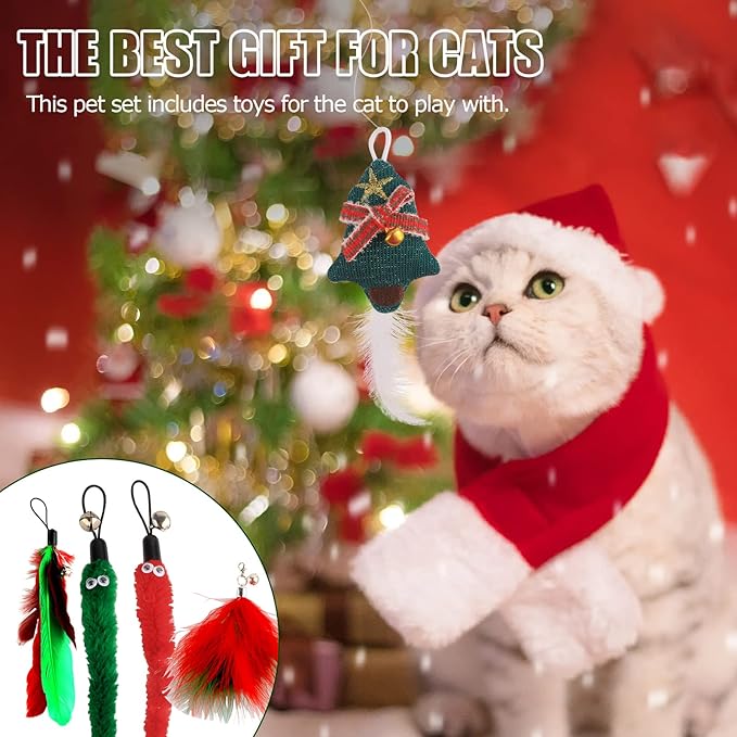 HOSUKKO 10PCS Cat Toys for Christmas Catnip Toys Interactive Feather Toys for Indoor Cats Replaceable Kitten Feather Toys with Ring Bells Retractable Cat Wand Colorful Cute Kitten Toys Gift