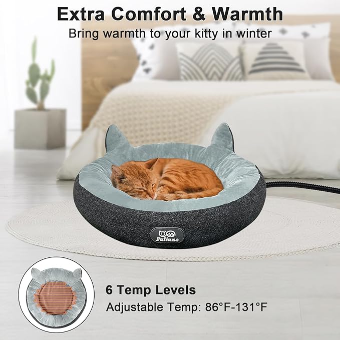 Heated Cat Bed for Indoor Cats, Round Indoor Heated Pet Bed with Timer & Temp Adjustable, 19" Donut Cat Heated Bed Cozy Electric Pet Heating Pad with Chew Resistant Cord for Kitten Cat.