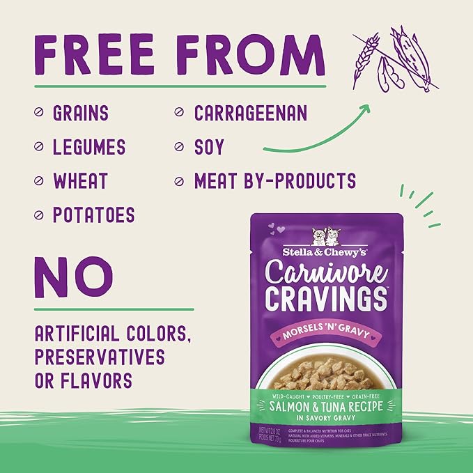 Stella & Chewy’s Carnivore Cravings Morsels & Gravy Salmon & Tuna Recipe Wet Cat Food Pouches – (2.8 Ounce Pouch, Case of 12)