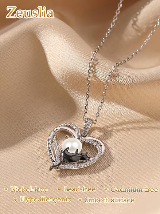 Birthstone Cat Necklaces,925 Sterling Silver Cat Necklace Heart Pendant for Women,Dainty Animal Jewelry for Her,Wedding Anniversary Birthday Gifts for Women Mom Grandma