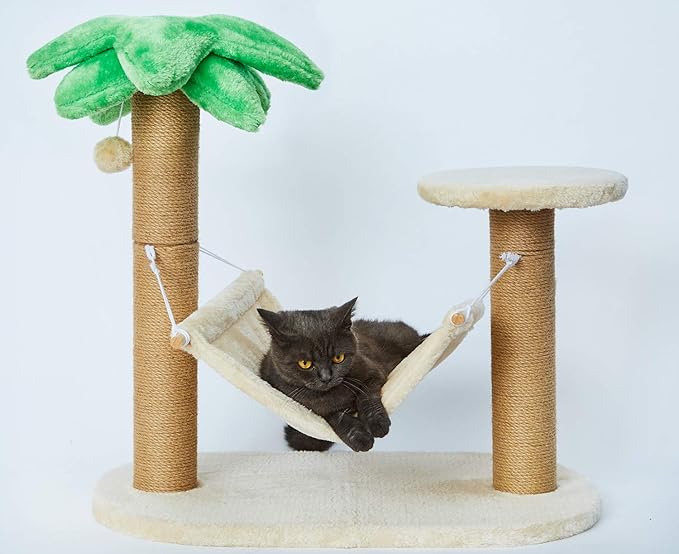 LUCKITTY Small Cat Scratching Posts Kitty Coconut Palm Tree-Cat Scratch Post for Cats and Kittens - Natural Jute Sisal Scratch Pole Cat Scratcher (Post &Hammock)