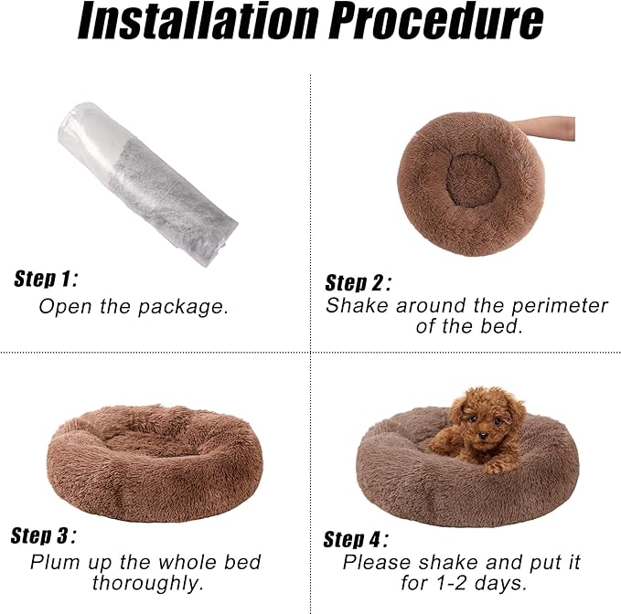 Calming Dog Bed, Dog Beds Fits up to 5 lbs Pets, Fluffy Donut Dog & Cat Bed Washable, Round Anti Anxiety Dog Bed, Small Dog Bed with Non-Slip Bottom (Khaki, 17" x 17")