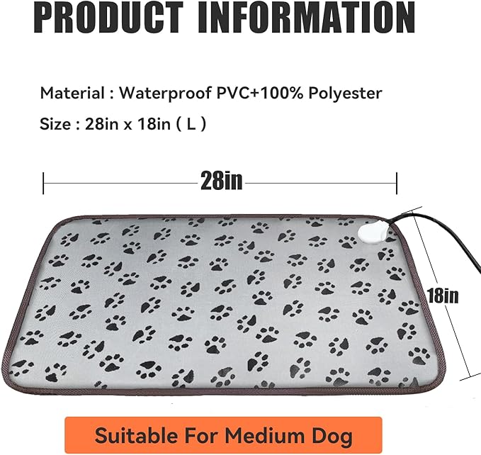 Dog Cat Heating Pad 28" x 18" Waterproof Pet Heated Dog Bed with Intelligent Constant Temperature Switch Add Chewy Resistant Steel Wire Rope