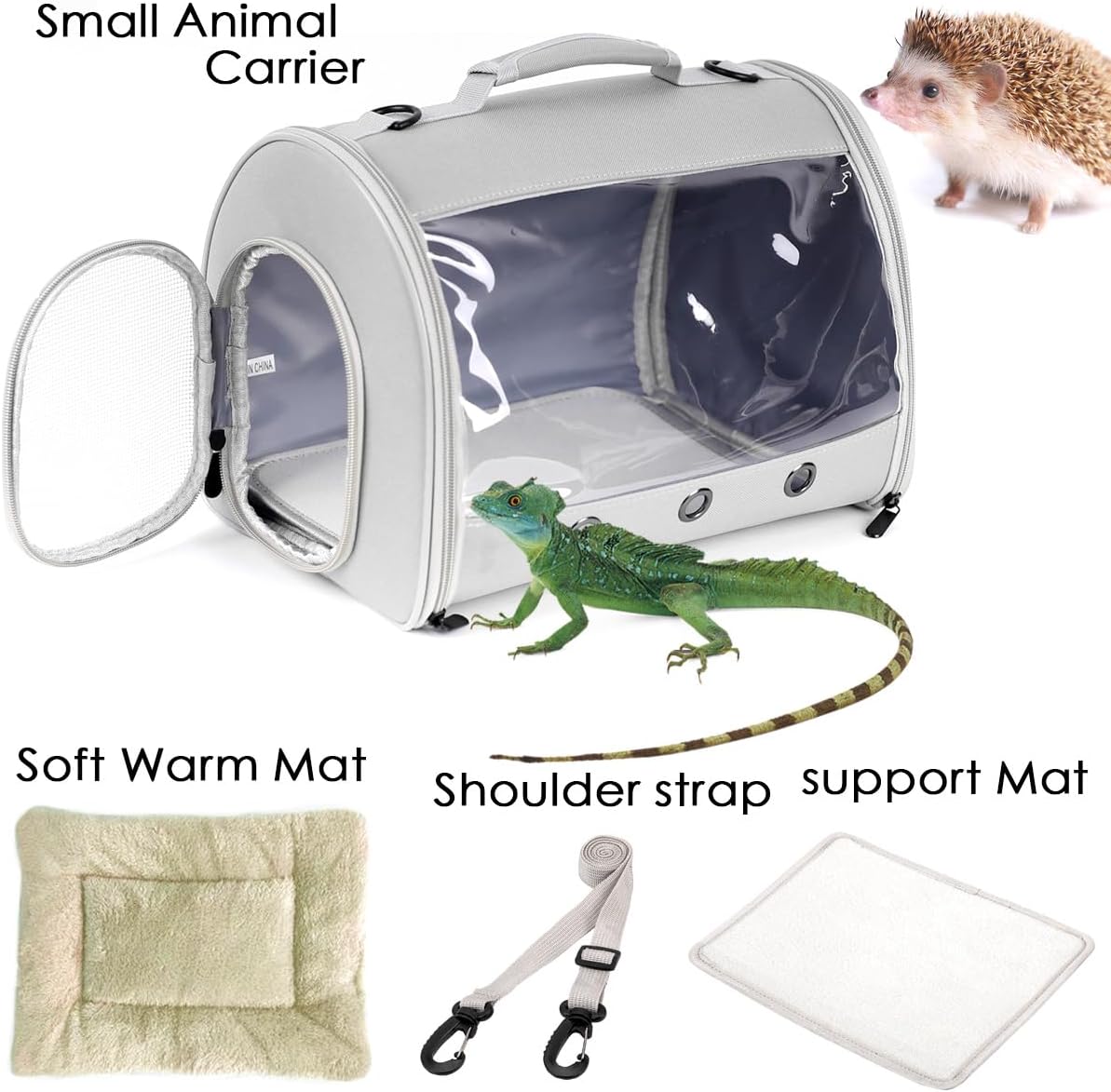 Bearded Dragon Travel Carrier Backpack,Lizard Backpack Carrier,Space Capsule Clear Bubble Window Astronaut Reptile Carrier Backpack for Guinea Pig,Sugar Glider,Bunny (Grey, TPU Carrier+MAT)