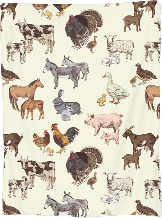 Farm Animal Blanket Throw 60"X50", Cozy Lightweight Plush Cow Chicken Pig Sheep Horse Rabbit Farm Animals Blanket, Gifts for Kids Women
