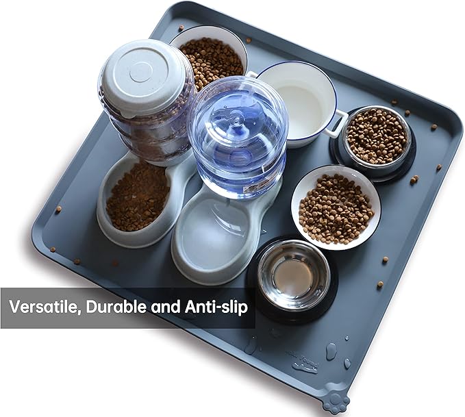 Hoki Found XX-Large Silicone Pet Food Mats Tray - Non Slip Pet Dog Cat Bowl Mats Placemat - Dog Pet Cat Feeding Mat - Waterproof Dog Cat Food Mats -Pet Water Mats for Carpet - Gray