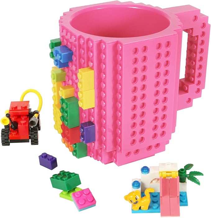 Build-on Brick Coffee Mug, Funny DIY Novelty Cup with Building Blocks Creative for Kids Men Women Xmas Birthday (Rose)