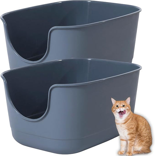High Sides Cat Litter Box 24.6''Lx18.3''Wx12.2''H Jumbo Cat Litter Pan for Multi Cats Households, Extra Large Open Big Cat Litter Box with High Wall Anti-Splashing Kitty Litter Box(Pack of 2)
