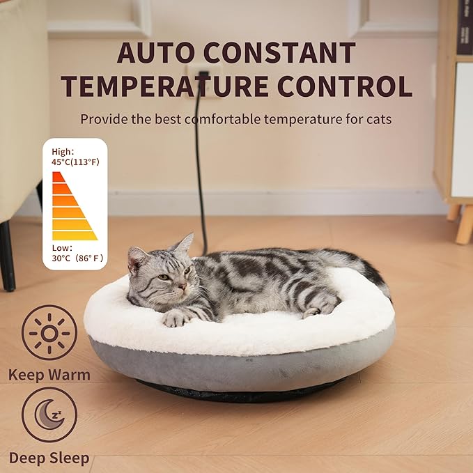 MARUNDA Heated Cats Bed for Indoor Use, Electric Cats Heated Bed Pets Heating Bed for Cats and Small Dogs, Washable Pets Bed with Automatic Heating Pad (20" Round)