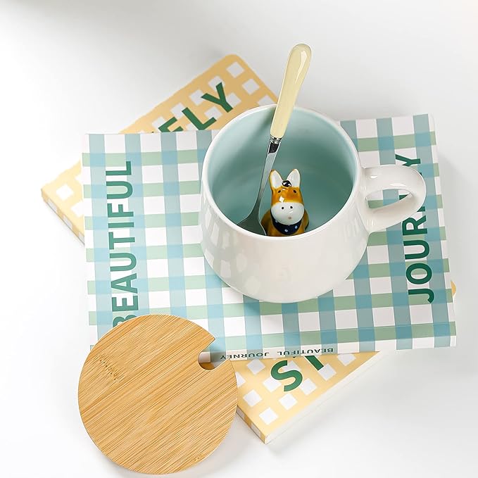 BigNoseDeer Cute Ceramic Donkey Coffee Mug Funny Mug with 3D Animal Inside Kawaii Tea Cup with Spoon and Lid Cool Stuff Christmas Gifts Birthday Mother's Day Cute Gifts for Women Kids 12oz（Donkey）