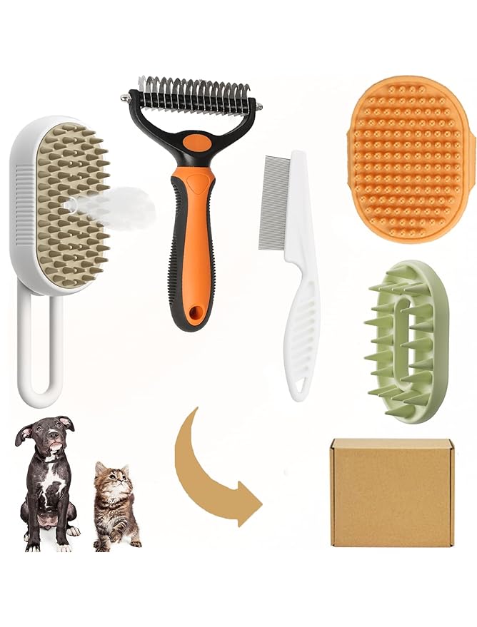 Cat & Dog Grooming Kit, Dog Hair Brush for Shedding - Includes Steam Brush, Undercoat Rake, Bath Brush, Flea Comb, Massage brush - Fur Dematting Tool