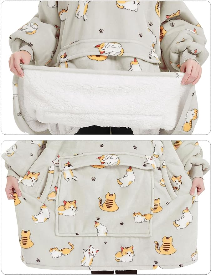 KFUBUO Wearable Blanket Hoodie for Adults Sherpa All Patterns Cat Oversized Sweatshirt Blanket with Pockets for Women