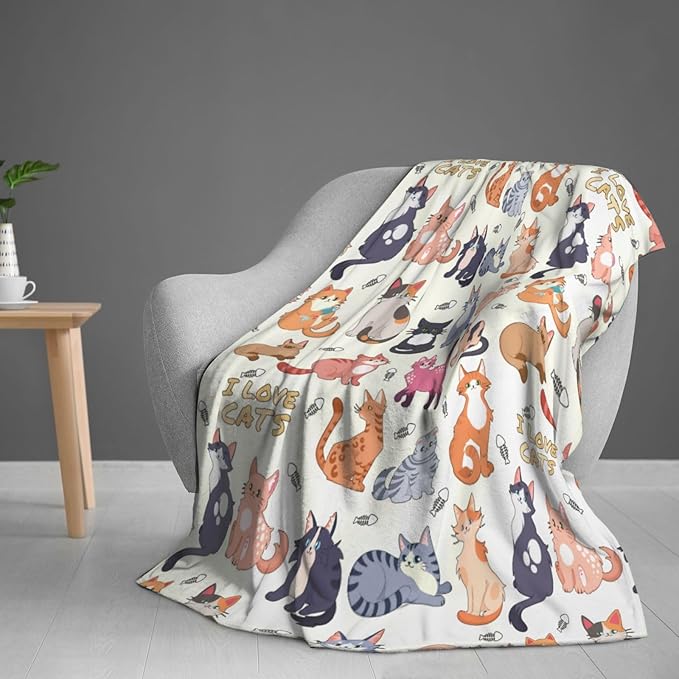 Kids Cat Print Blanket Throw 80"x60", Plush Flannel Blankets with Cats On It, Soft Warm Decorative for Kids Women Adults Cat Lovers