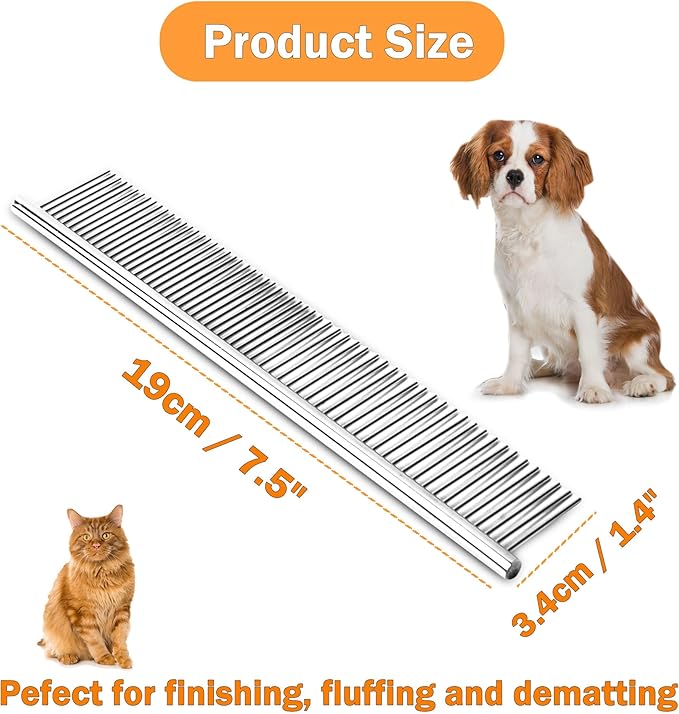 uxcell 1 Pack Dog Grooming Comb Metal Dog Comb for Removing Matted Fur Pet Dematting Comb with Rounded Teeth Prevents Tangles and Knots for Long and Short Haired Dogs Cats, 7.5IN