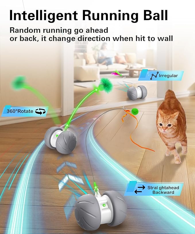 Interactive Cat Toys for Indoor Cats, Motion Activated Cat Toys, Automatic Cat Toy with Extra Long Feather Wand, Cat Mouse Toys,USB Rechargeable (Gray)